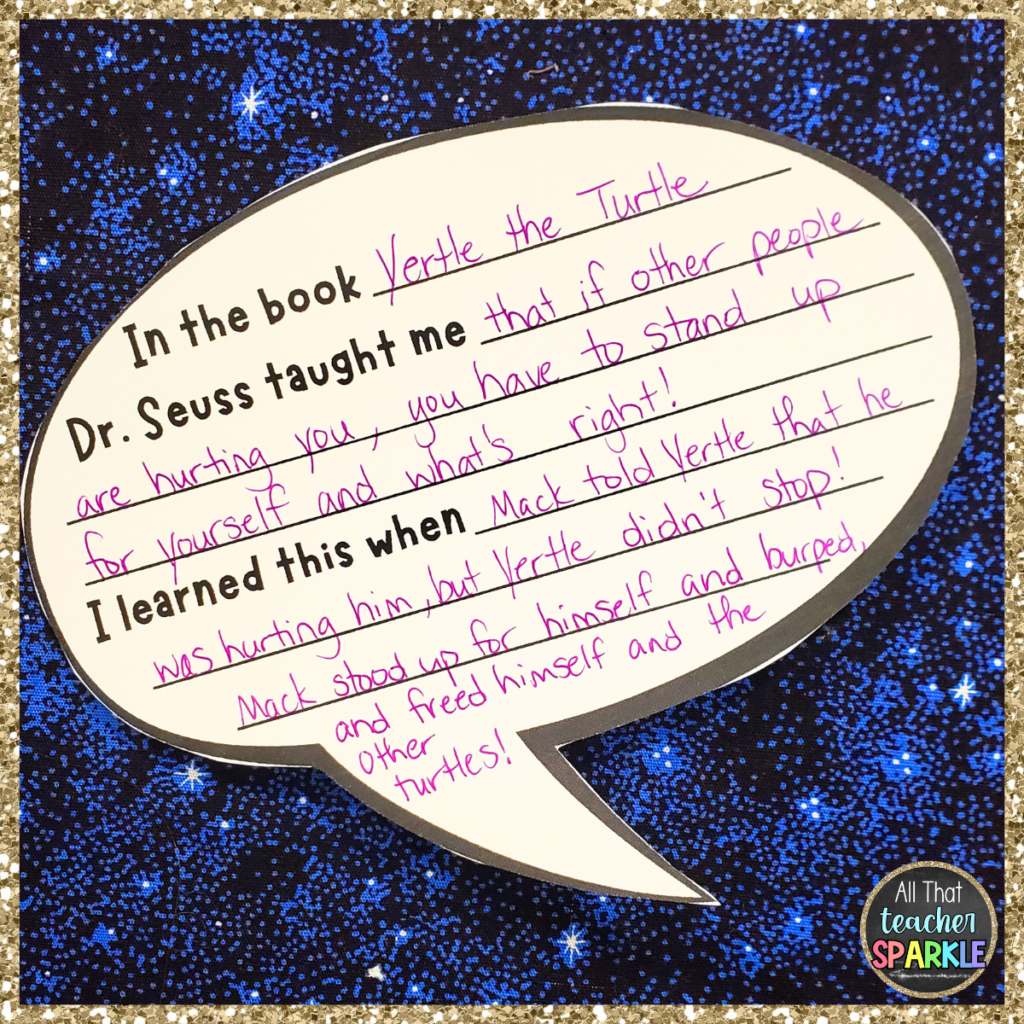 Speech balloons help students write theme statements and text evidence